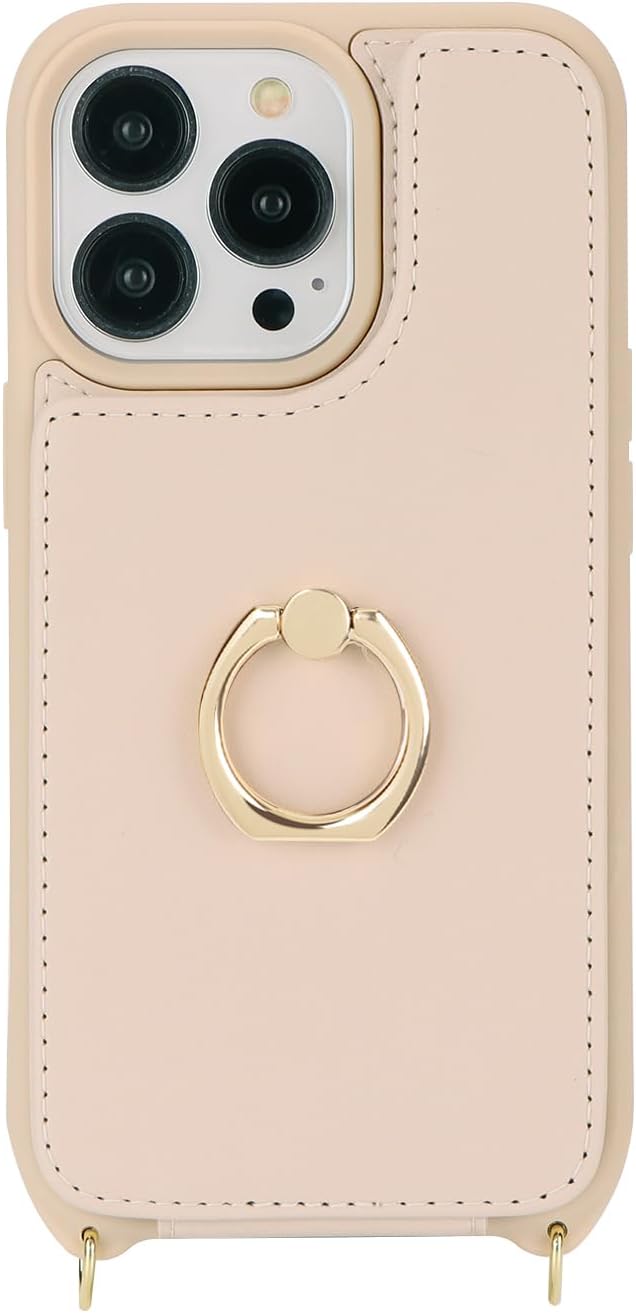 for iPhone 13 Pro Case with Card Holder for Women,Crossbody Strap Lanyard,Credit Card Holder,Ring Stand,Snap Clasp,Wallet Case 6.1 inch (Beige) - Image 6