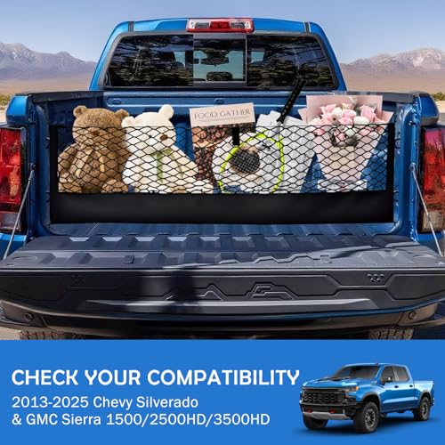 Image of Truck Bed Cargo Net for 2013-2026 Chevy Silverado&GMC Sierra 1500 /2500HD /3500HD Accessories, Envelope Style Trunk Mesh Cargo Net, Heavy Duty&Double-Layer Nylon Storage Rear Netting Holder Organizer