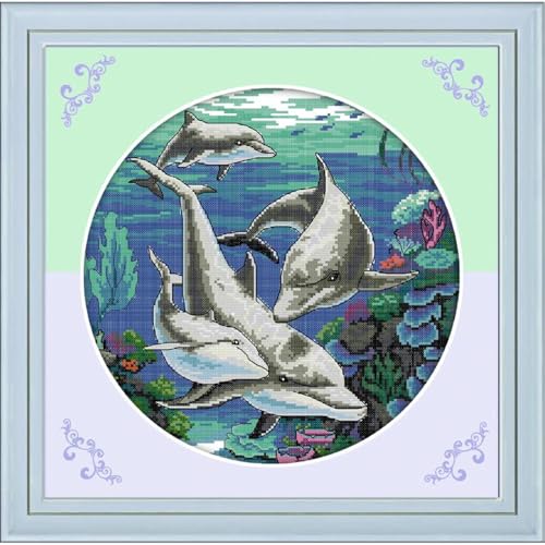 Image of JOYSEWING Dolphin Stamped Kits Cross Stitch for Adults 11CT Fabric Infauna Embroidery Kits for Beginners DIY Gift Ocean Patterns Home Decor (Classical Dolphin(Printed) 17.72 x17.72 inch)