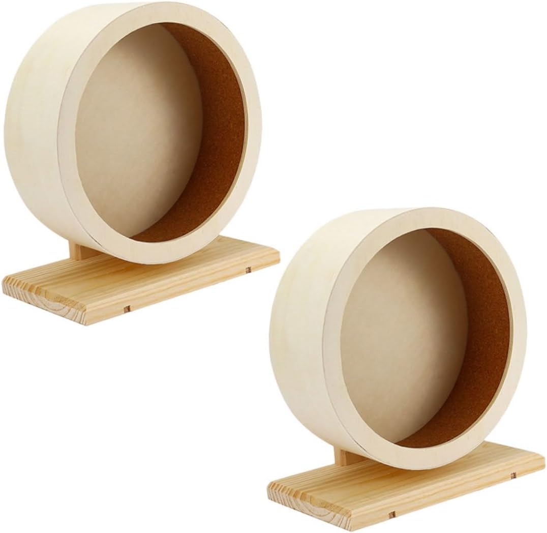 2pcs Wooden Hamster Exercise Wheels with Quiet Soft Cork Liner Stable Running for Hamsters Chinchillas Guinea Pigs Easy Assembly Cleaning Small Animal Exerciser for Tanks