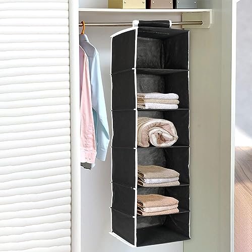 Image of Hanging Closet Organizer for Clothes Storage | Foldable Wardrobe Hanging Storage Rack | Non-Woven Multipurpose Cupboard Organizer for Clothes, Towels & Accessories (Black, Pack of 2, 6)