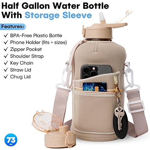 Hydrarank Half Gallon Water Bottle With Storage Sleeve And Straw Lid - 2.2 Liter Large Water Bottle With Strap, Handle - Bpa Free Big Sports Water Jug For Gym And Daily Hydration #TOP1
