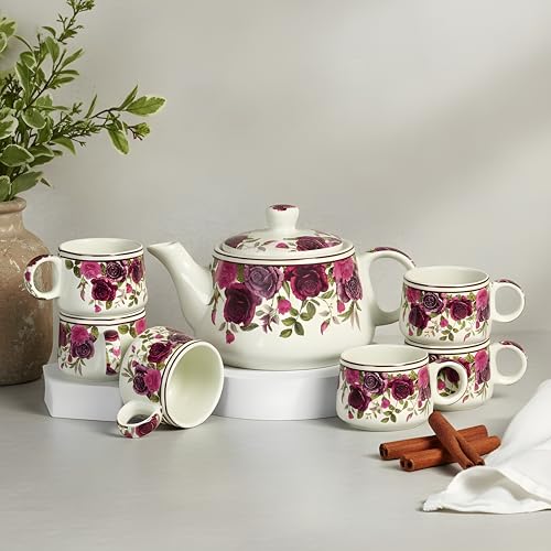Image of CRAF10 Handcrafted Ceramic Vintage Rose Floral Print Teapot Cup Set - 1 Kettle (1 Litre) & 6 Cups (160 ML), Microwave & Dishwasher Safe | Morning Set | Tea Sets with Kettle