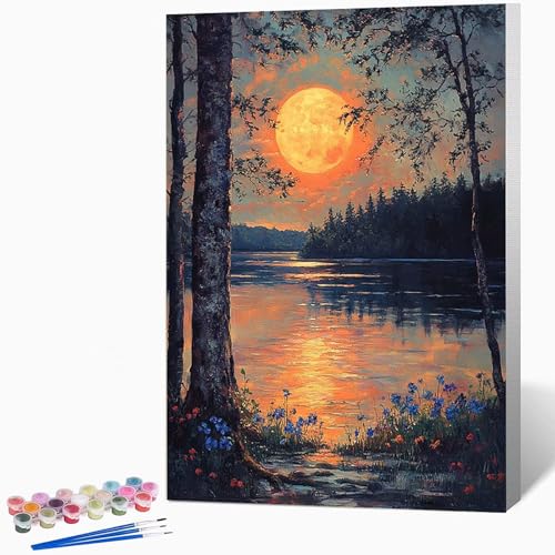 数字油絵 満月 ペイントバイナンバー 風景, ナンバーペイント大人のDIYセット(ブラシとアクリル絵の具を含む)、クリエイティブな手作りの油絵セット、女性へのデジタル絵画ギフト、壁の装飾 70×95cm -WX251058Z
