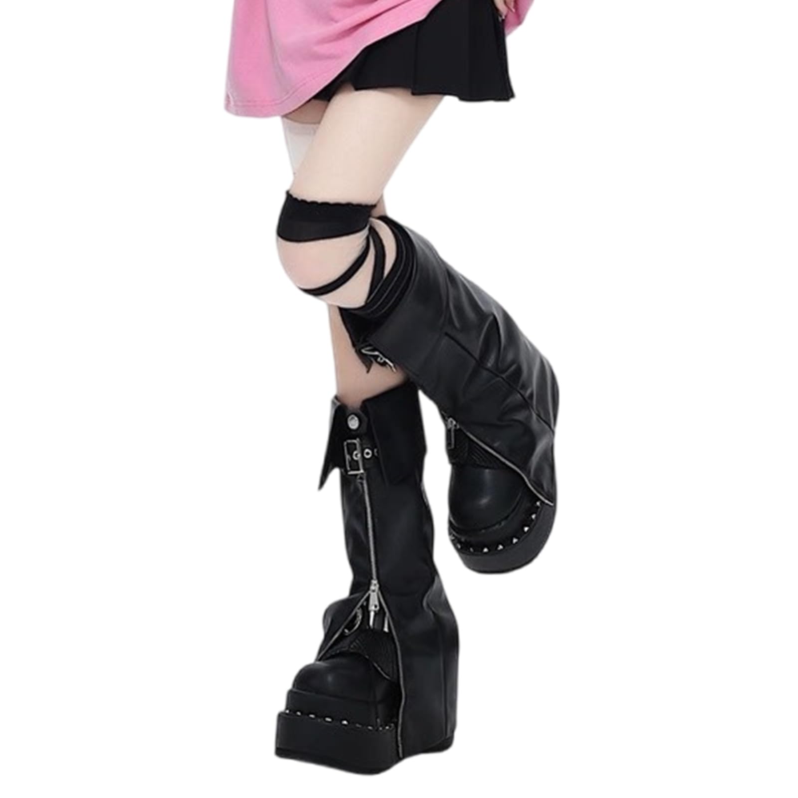 Women Punk PU Leather Leg Warmer Buckled Lapel Socks Buckled Zippers Split Wide Boot Covers Gaiters Gothic Punk