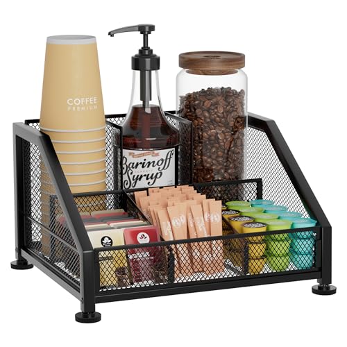 SWTYMIKI Coffee Bar Organizer for Countertop – Space-Saving Kcup Organizer with Tiered Shelves, Countertop Coffee Station for Pods, Sugar, Syrup, Cups, Stirrers, Mesh Condiment Storage