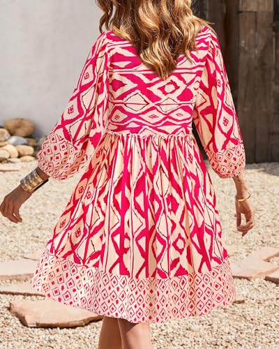 Image of BTFBM Women Casual Spring Summer Dresses V Neck 3 /4 Long Sleeve Ruffle Floral Flowy Boho Babydoll Mini Short Beach Dress