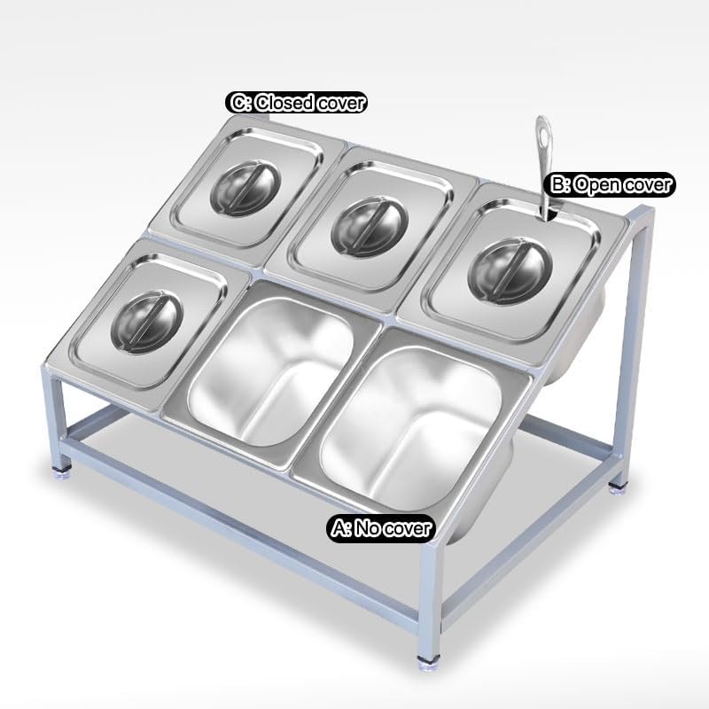 Stainless Steel Pizza Topping Station, 2-Tier Inclined Organizer Shelf Condiment Containers, Condiment Server for Home Kitchen Buffet Server Table Cafeteria (Silver c)