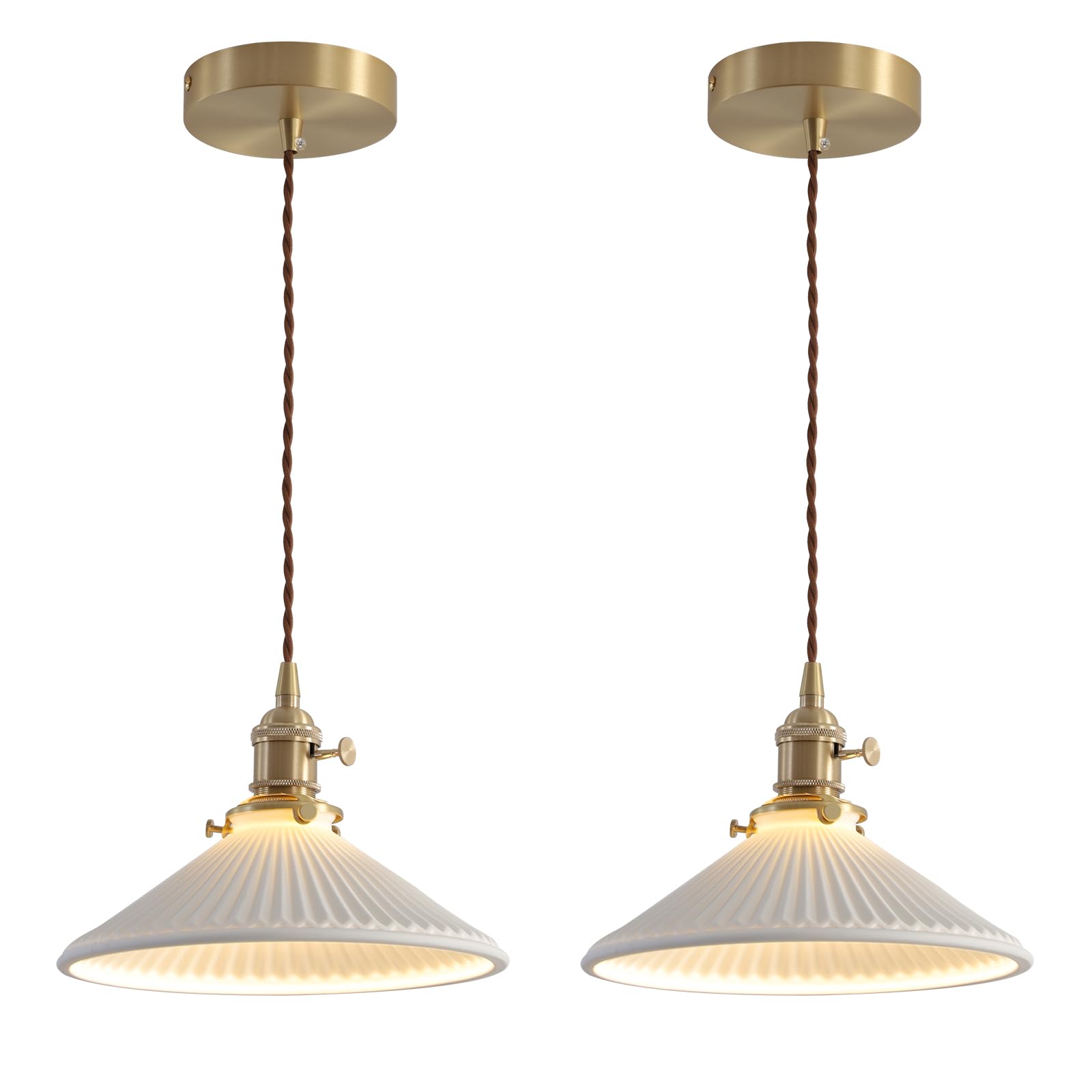 Modern Brushed Brass Pendant Lights Kitchen Island 2 Pack Mid Cenrury Milk Glass Hanging Light Fixture Vintage White and Gold Ceramic Pendant Light for Dining Room Bedroom Entryway MPL16D-2
