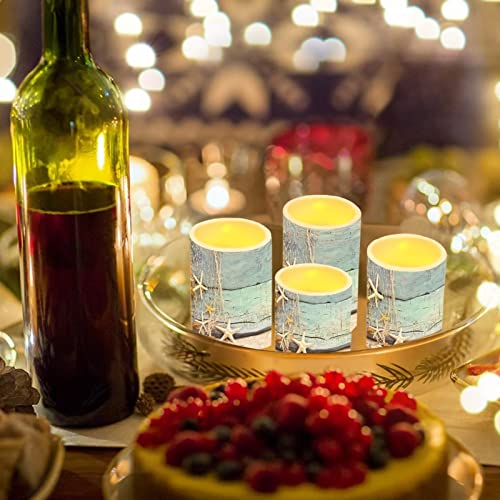Image of Flickering Flameless Candles 4 Pieces Set, LED Pillar Candles with Timer Battery Operated Tea Lights for Coastal Decor, Beach Starfish with Blue Wood Grain