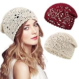 2 Pieces Floral Crochet Slouchy Beanie Hat Handmade Knit Cutout Women Floral Skull Cap Stretchy Knit