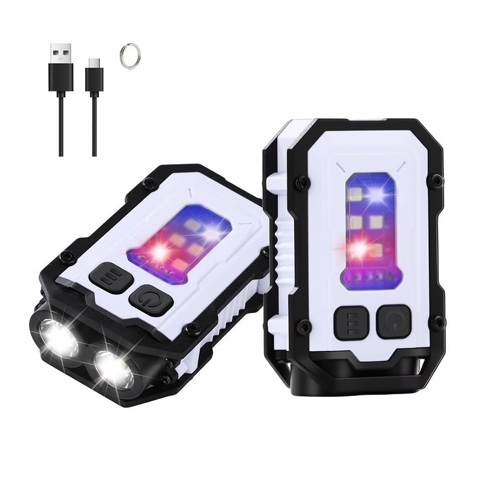 Mini EDC Flashlight, Small Powerful Keychain Flashlight with Sidelight, High Lumens 800lm, USB-C Rechargeable, keychain light with clip - 8 Mode, IPX4 Waterproof, for hiking, running, White 2Pack