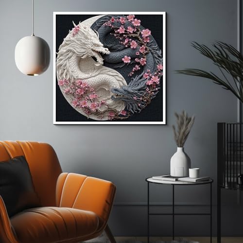 Yin Yang Dragon Puzzles para adultos 1000 piezas, dragones duales blanco y negro con flores de cerezo, rompecabezas floral animal fantasía miniatura 6