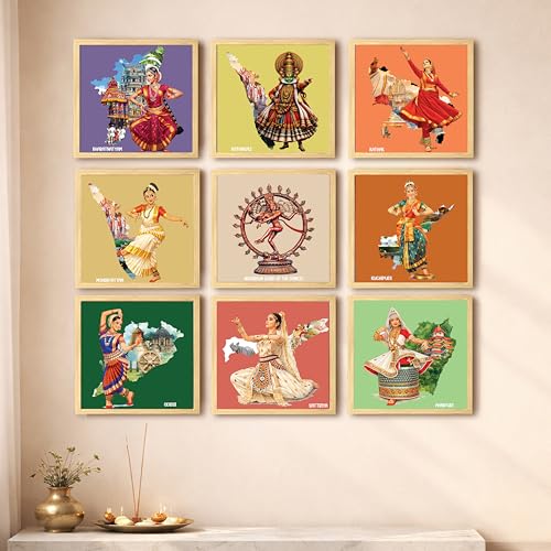 Image of Indian Classical Dance forms Wall Art Paintings with Frame For Living Room | Traditional Indian Dance Culture Framed Wall Art Paintings for Home, Set of 9, (9x9 Inch)