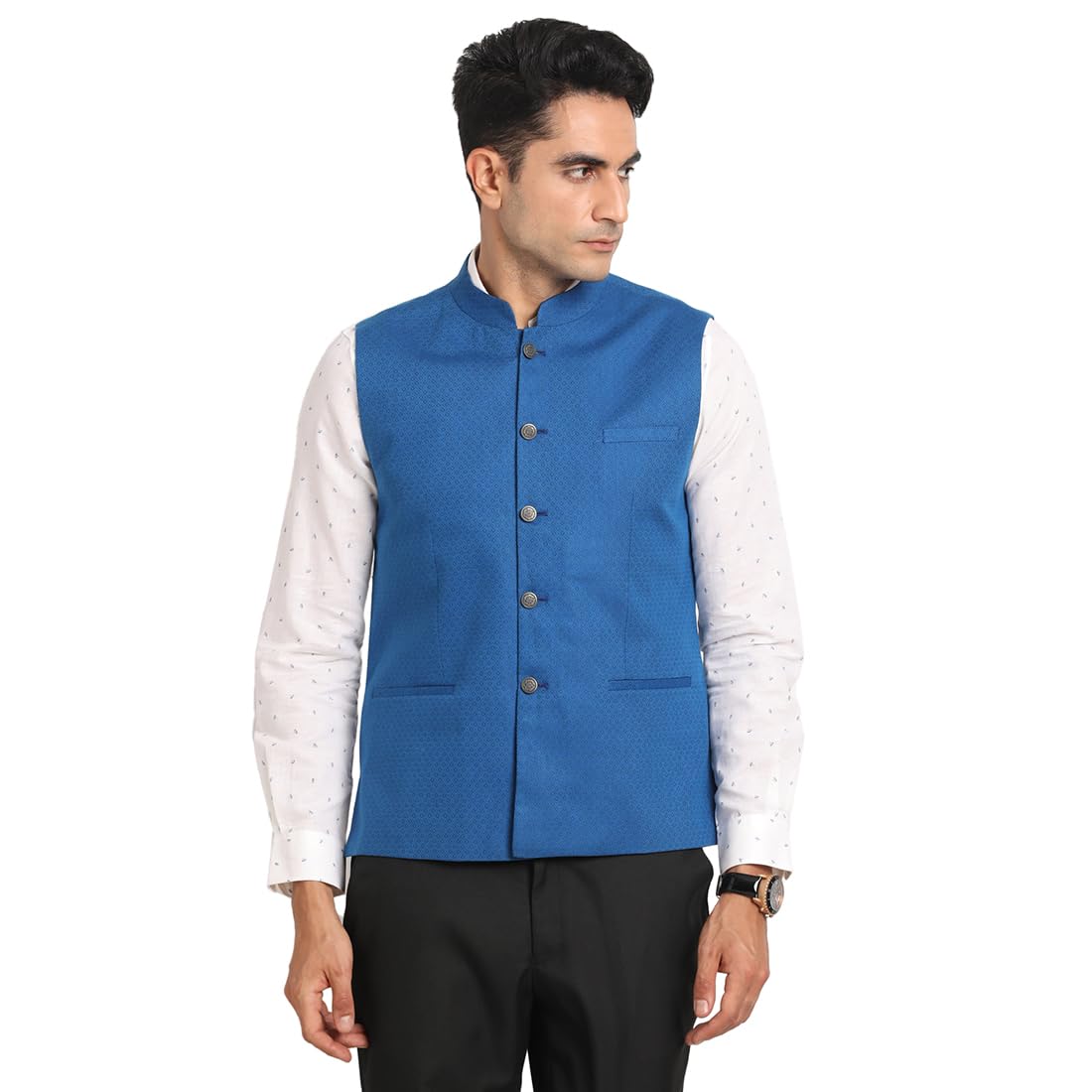 turtle Men Poly Cotton Blue Dobby Print Formal Nehru Jacket-picture-56