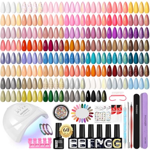 Phoenixy 60 PCS Kit Ongle Gel U V Complet avec 48W Lampe U V 54 Couleurs Kit Vernis Semi Permanent...