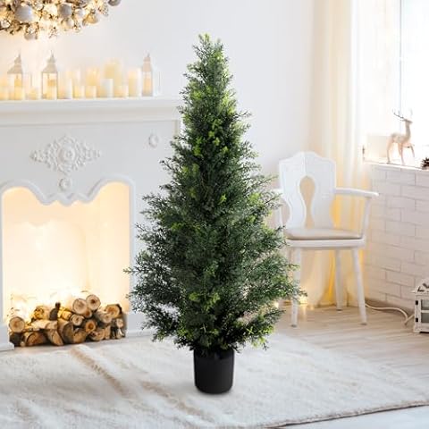 Coonoble Artificial Narrow Christmas Trees 4Ft Tall Cedar Tree Faux Topiary Set of 2, Fake Xmas Tree Topiary Boxwood Plant Cover