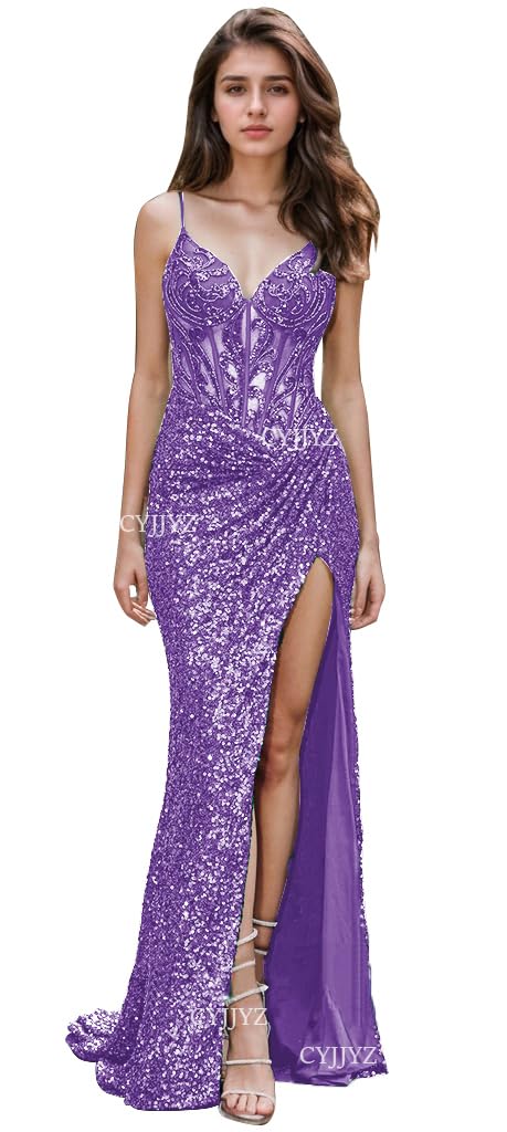 Spaghetti Strap Sequin Prom Dresses with Slit 2025 Sparkly Lace Appliques Mermaid Formal Evening Gown for Women