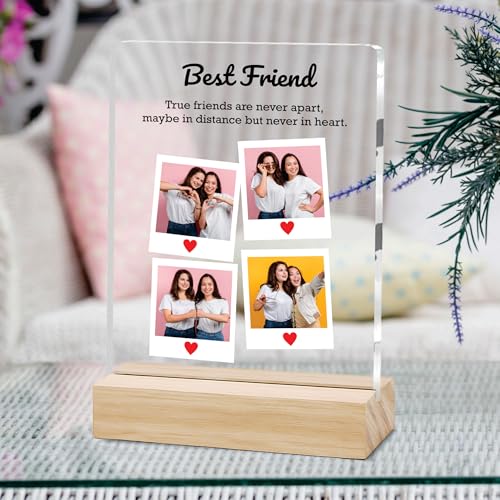 Image of Giftplease Customized Friends Plaque with Wooden Stand | Personalized Photo Frame with Quote | Best Friend Birthday Gift, Farewell Gift, Friendship Day Gift for BFF Keepsake Room Decor FR 06