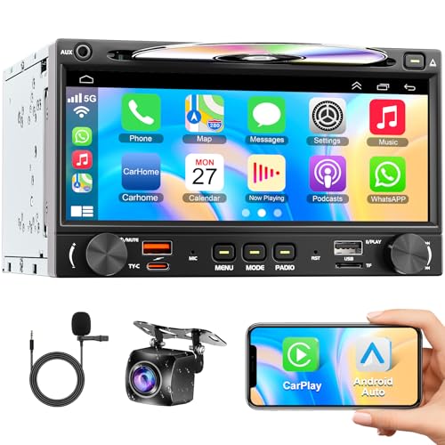 Wireless Double Din Car Stereo Radio with CD/DVD Player, Carplay & Android Auto, 7 inch Car Audio with HD Touchscreen, Bluetooth, Mirror Link, Backup Camera, SWC, FM/AM, USB/SD, A/V Input
