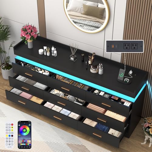 Image of Hlivelood 9 Drawer Dresser with LED Light and Charging Station, 63 inch Modern Chest of Drawers for Closet, Wide Drawer Organizer Cabinet for Bedroom, Living Room, Entryway, Hallway, Black