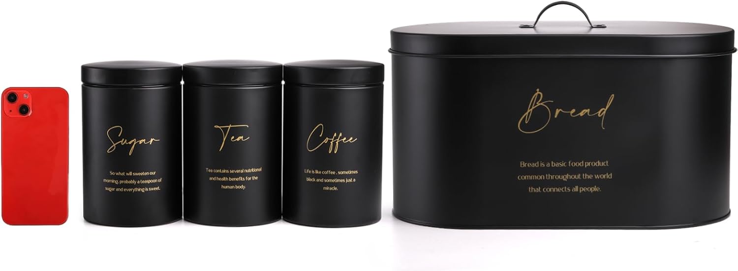 Hacaroa Set of 4 Bread Box and Canister Set for Kitchen Countertop, Metal Bread Bin Sugar Tea Coffee Storage Canister with Lid, Biscuit Tin Set for Loaf, Pastry, Dry Food, Black