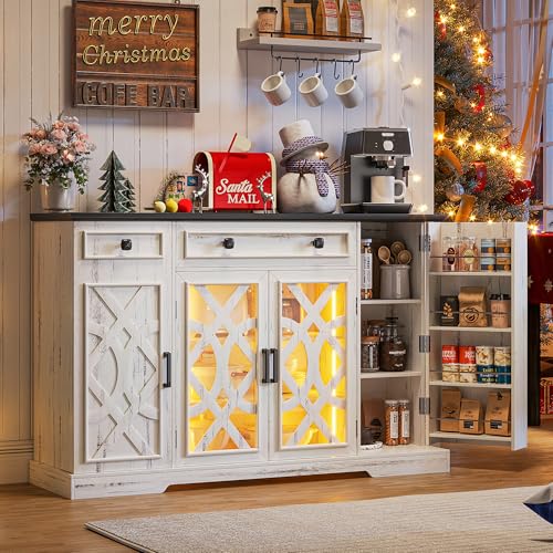 TAGELIER Farmhouse Buffet Cabinet with Storage, 55\" Sideboard with Doors & Shelves, Coffee Bar & Pantry Cabinet with Light, Wooden Buffet Table for Kitchen, Dining Room, Antique White