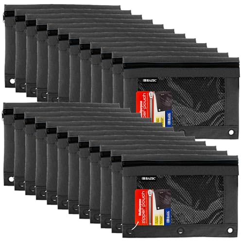 BAZIC Products Pencil Pouch 3 Ring Binder Pouch w/Rivet Enforced Rings Hole, Black Mesh Window Zipper Pouches, 24-Count