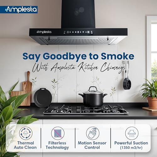 Image of Amplesta Sereno 75CM Chimney for Kitchen Auto Clean 1350 m3 /hr Vertical Wall Mounted Kitchen Chimney for Home Filterless Two Way Suction Touch & Gesture Control (Sereno MS AC FL 75 BK)