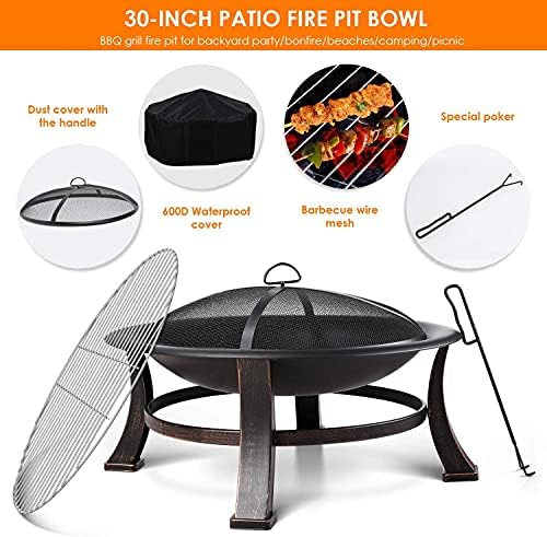 76cm Garden Fire Pits With Grill, Outdoor Portable Fire Bowl, Patio Brazier, Large Camping Heater with Waterproof Cover & Poker