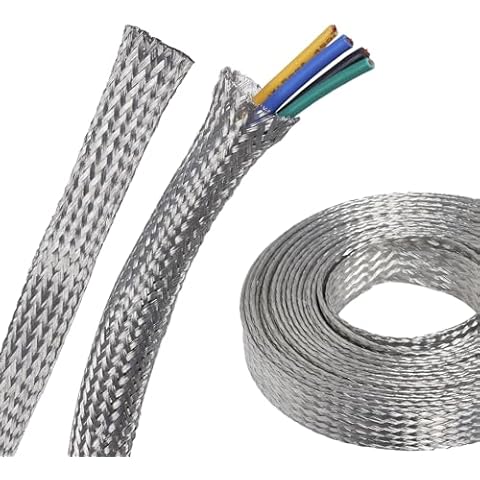 Flat Tinned Copper Wires Shielding Sleeving,Wire Cable Braided Sleeve Shield Metal Ground Straps Mesh Protect (9/16"-22ft, Silver) Cover