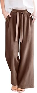 Generisch Pantalones de mujer de pierna ancha, cintura alta, cordón, pantalones casuales de lino para verano, moda cómoda, ropa casual perfecta