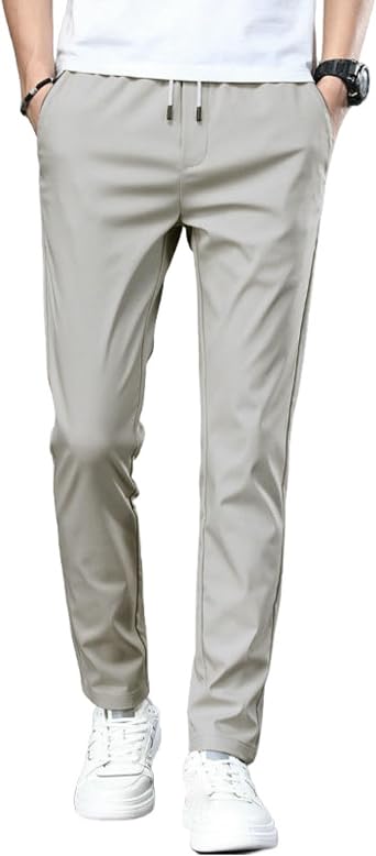 Mens Summer Thin Elastic Waist Korean Style Trendy Solid Color Slim Fit Sporty Tapered Pants