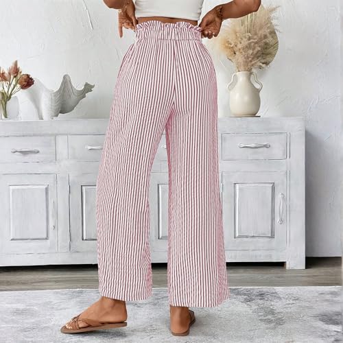 Striped Linen Pants Women Wrap Elastic Waist Wide Leg Trousers Casual Summer Pinstripe Lounge Pants with Pockets3