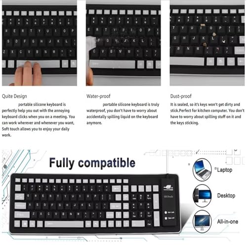 Image of Foldable Silicone Keyboard,103 Key Silent Portable Wired Keyboard,USB Interface Connection,Soft Rubber, Rollable, Lightweight, Waterproof, Dustproof for Desktops, Notebooks etc. (Black)