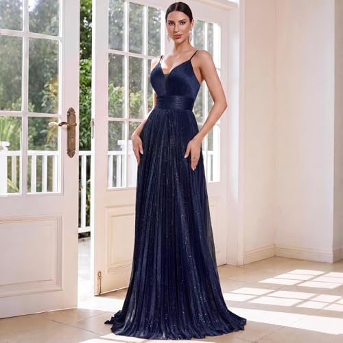 Image of Sexy Backless Maxi Formal Dress for Women with Sequin, Sleeveless Pleated Evening Gowns for Wedding and Cocktail