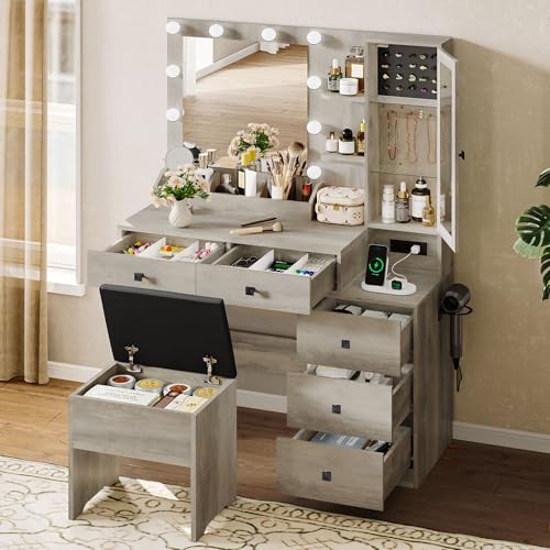 Image of Vanity Desk with Mirror and Lights, Grey Makeup Vanity with 5 Drawers Hidden Jewelry Organizer& LED Glass Cabinet,3 Light Mode and Brightness Adjusted,Vanities Mirror with Lights Desk and Chair