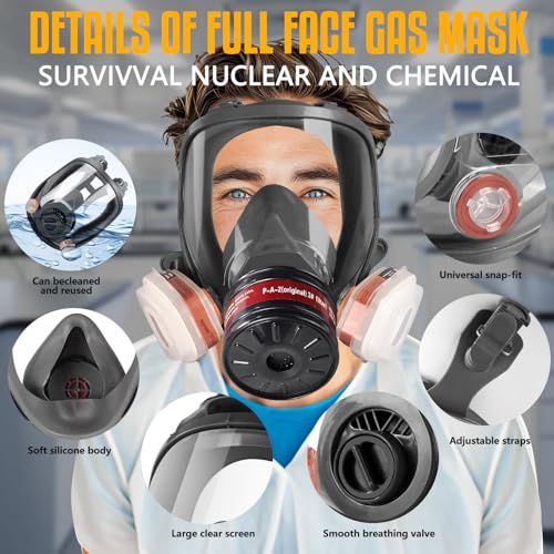 Full Face Gas Mask - Gas Masks Survival Nuclear and Chemical with 40mm Activated Carbon Filter & 6001 Cartridges Reusable Respirator for Organic Vapor Gases Dust Painting Polishing Welding - Image 6