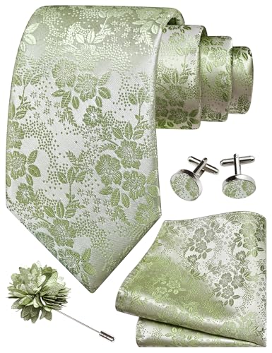 Image of GUSLESON 3.15 inch(8cm) Mens Floral Tie and Lapel Pin Necktie Hankerchief Cufflinks Set for Men