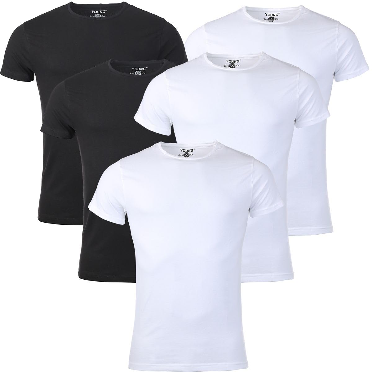 Young & Rich Herren Uni Basic T-Shirt mit Rundhals Ausschnitt einfarbig Stretch körperbetonte Dehnbare Passform 1701 5er Pack