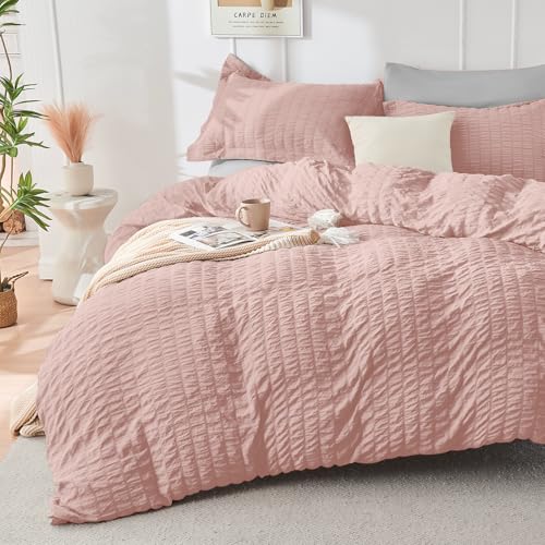 Image of HYMOKEGE Rose Gold /Light Grey Queen Comforter Set Seersucker 7 Pieces, All Season Luxury Bed in a Bag Queen for Bedroom, Bedding Set with Comforter, Sheets, Pillowcases & Shams