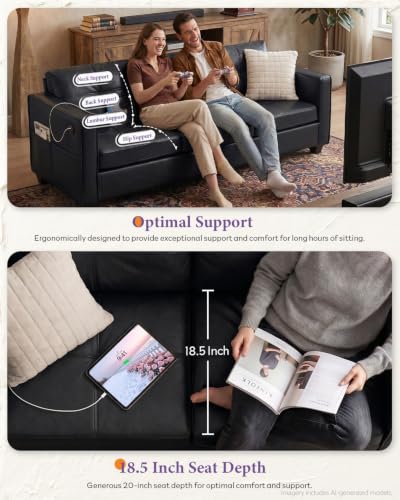Image of Black Faux Leather Sofa, L-Shaped Sectional Couch, USB Ottoman, Living Room | TYBOATLE, Faux Leather Sectional Sofa, L Shaped Couch, Modular Convertible, Side Pockets, Living Room, RV, Apartment, Office