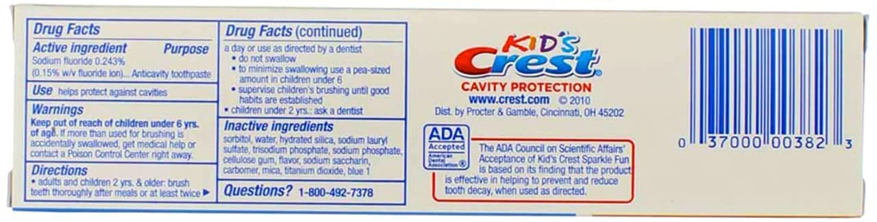 Crest Toothpaste for Kids, Cavity Protection Sparkle Fun 4.6 Ounces Each (Value Pack of 8)