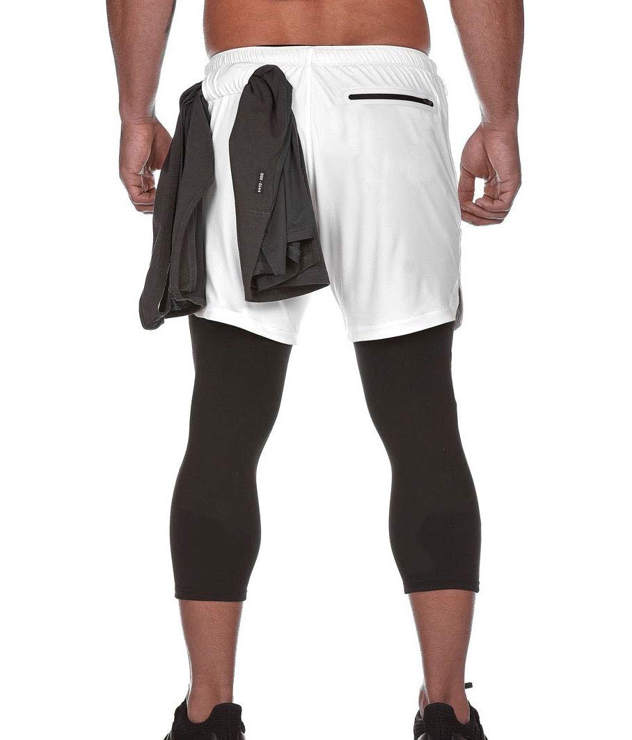 Męskie spodenki sportowe, legginsy, szorty do biegania, 2 w 1, spodenki treningowe, fitness, trening, ruch, spodenki z wbudowanymi kieszeniami, biały, M