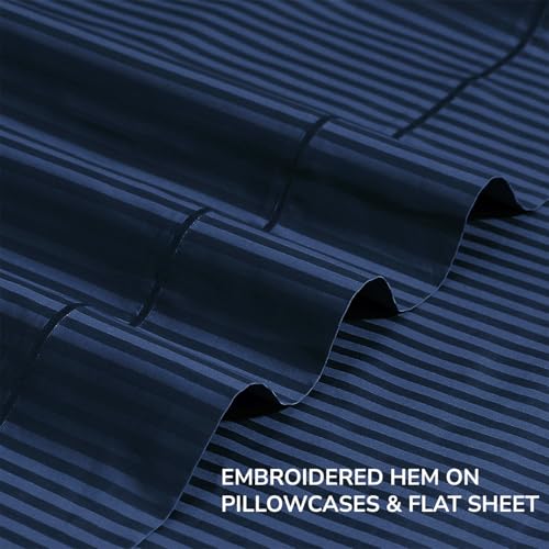 Image of Feather & Stitch 500 TC Split King Size Bed Sheet Set, 100% Cotton Soft Breathable Bedsheets, 5 Piece 18 inch Deep Pockets Sateen Weave Striped Bedding Mattress Resort Hotel Luxury - (Dark Blue Stripe)