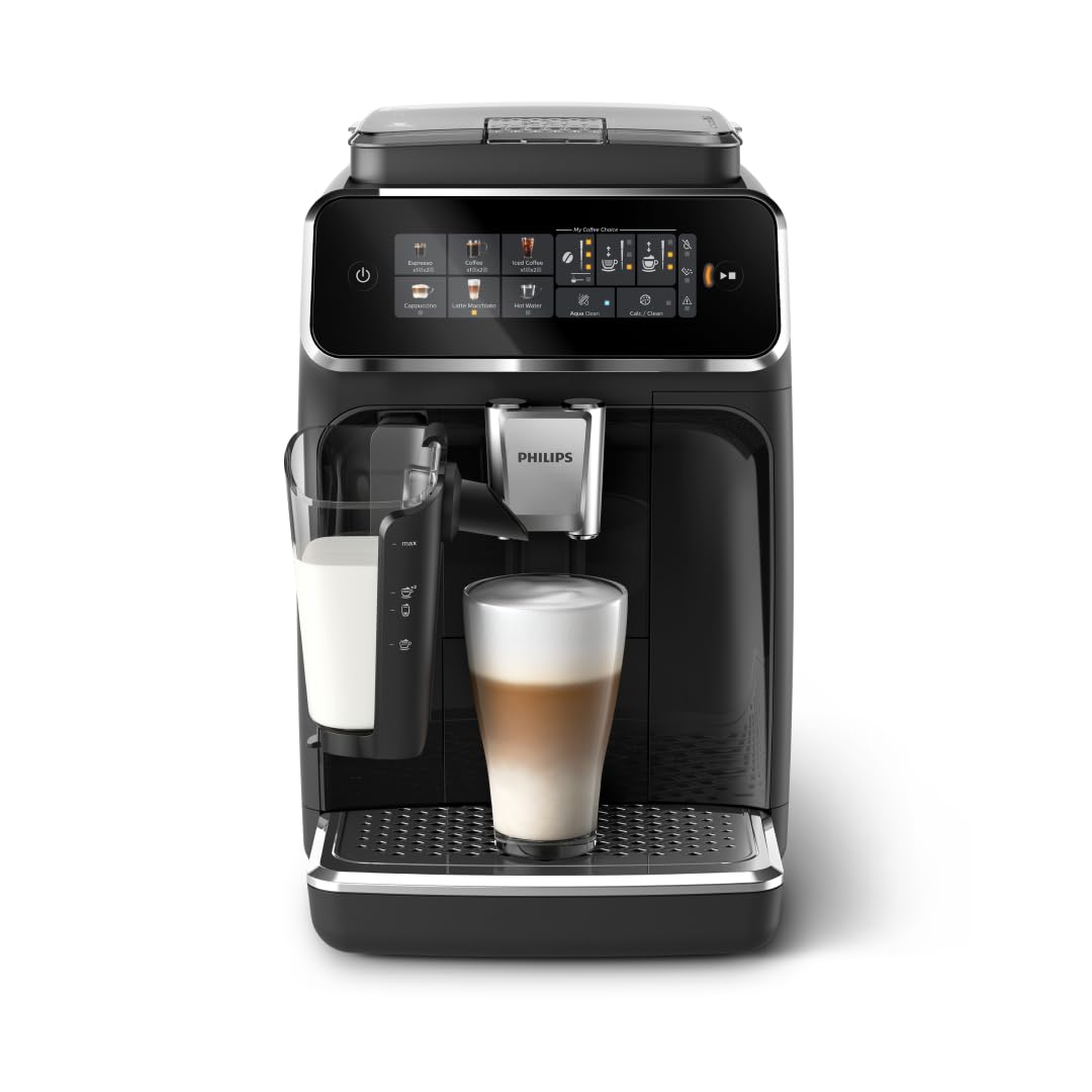 Philips Serie 3300 Espresso-Vollautomat - 6 Heiß- und Eisgetränke, LatteGo-Milchsystem, 40% leiseres SilentBrew, Keramikmahlwerk, Aquaclean-Filter, Schwarz glänzend (EP3341/50)