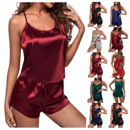YCBMINGCAN Satin Schlafanzug Damen Kurz, Sexy Pyjama Set aus Top und Shorts, Zweiteiliger Shorty als elegante Nachtwäsche & Loungewear