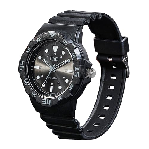 Image of Q&Q Men's Black Sunburst Dial Analog Sports Watch | Grey Markers, 100M Water Resistant, Resin Strap - VR18J011Y