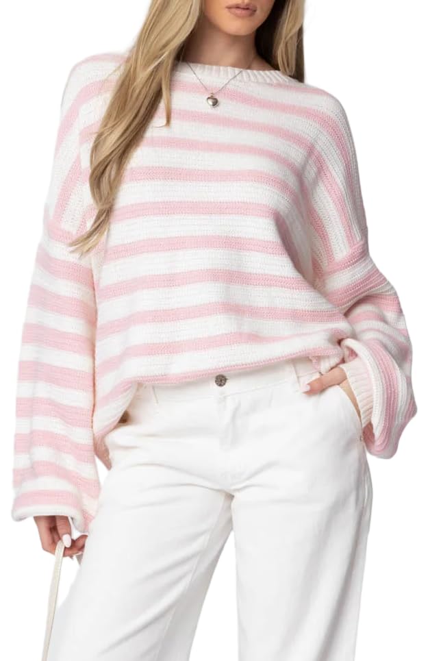 Cute Oversized Striped Sweaters Y2k Knit Long Sleeve Crew Neck Pullover Sweatshirt Vintage Color Block Preppy Clothes