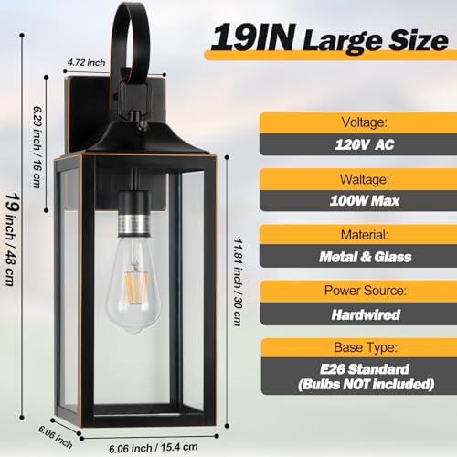 Image of 19 inch Dusk to Dawn Outdoor Lighting Porch Lights Black with Gold Trim 2 Pack | Large Outdoor Wall Lights, Sensor Exterior Lighting Fixtures, Toughened Glass, E26 Socket, Waterproof for House Garage